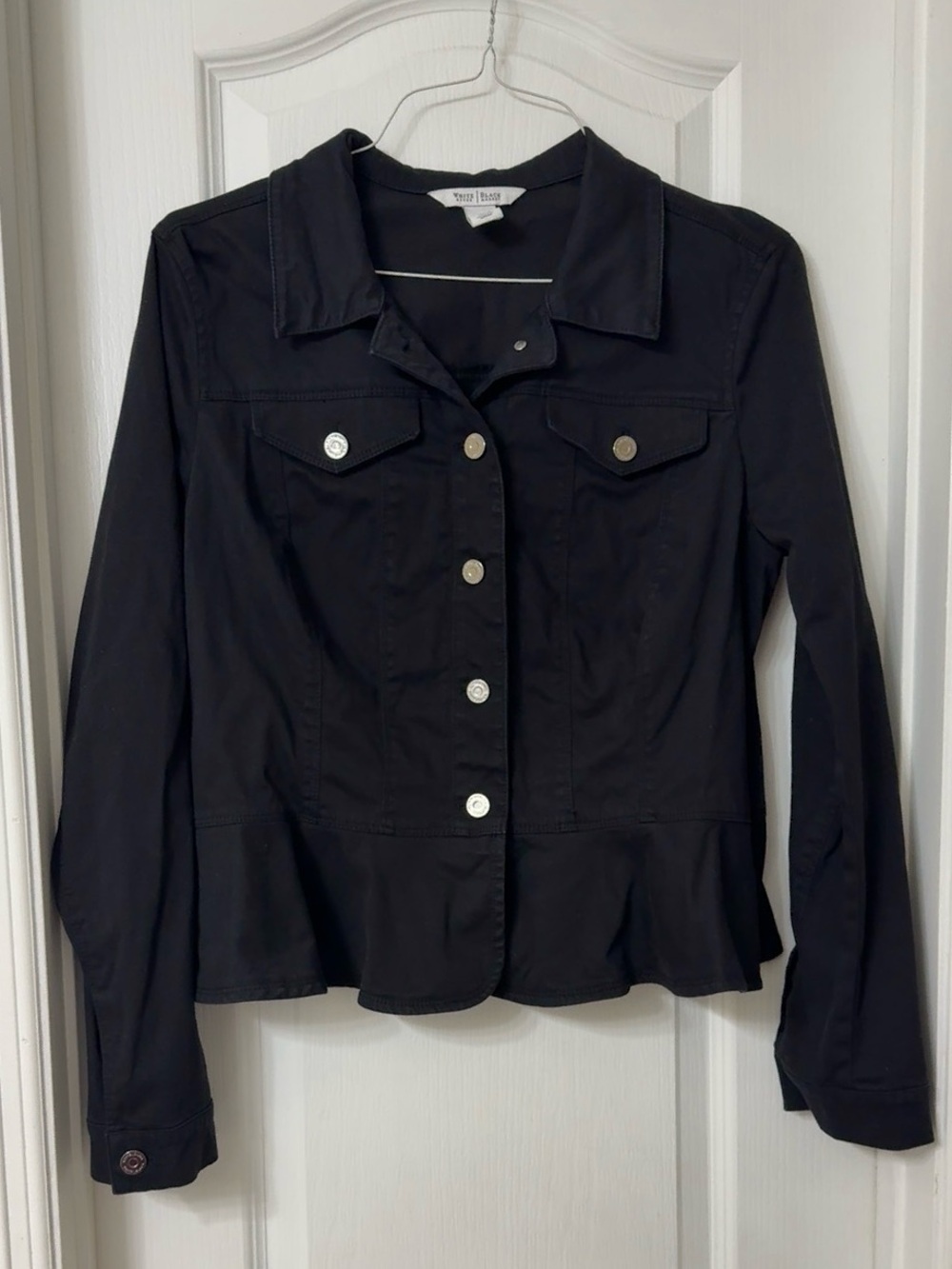 White House Black Market black silver tone button front peplum jacket Size 14